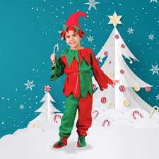 Fun World Red Green 6-Piece Children's Plush Christmas Elf Costume Large 12-14