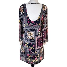 Millibon Women's Boho Patchwork Artsy Floral Low back Dress Flare Sleeves Medium