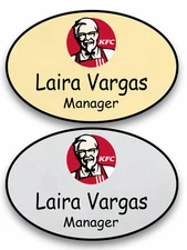 1 GOLD & 1 SILVER OVAL KFC PERSONALIZED NAME BADGES SAFETY PIN FASTENER