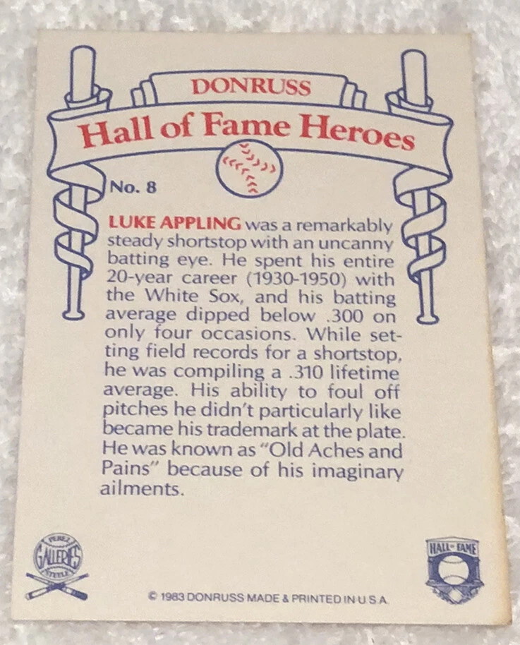 1983 Donruss Luke Appling Hall of fame Heeroes #8 - Image 2 of 2