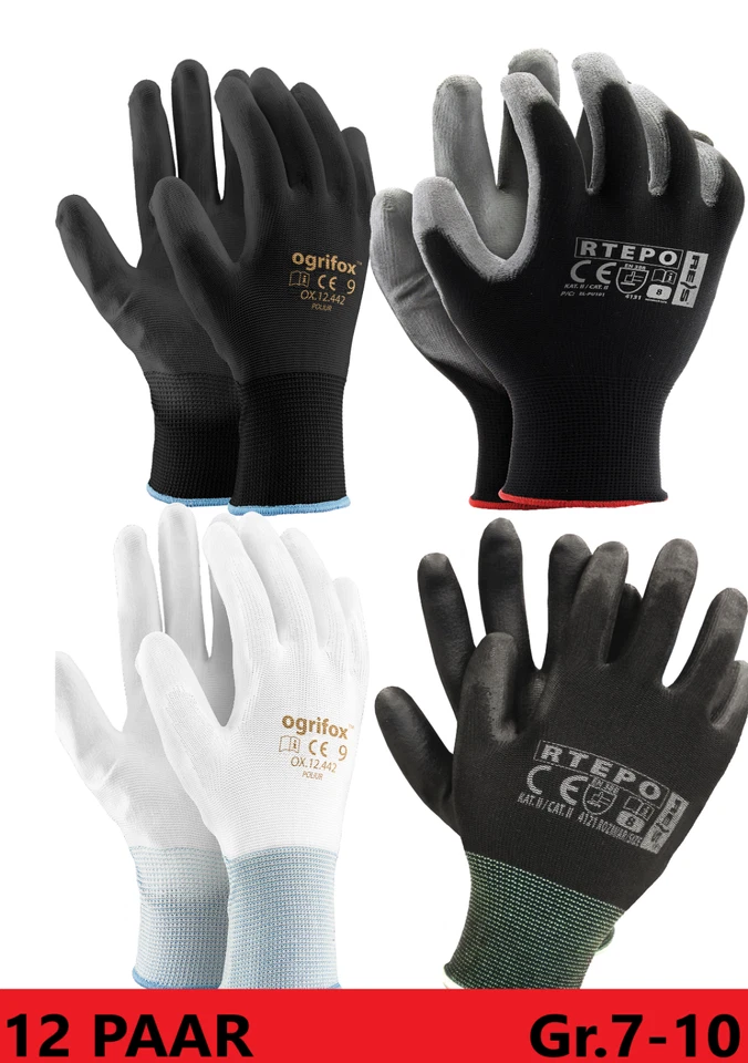 12 Paar Sparpreis Montage Arbeitshandschuhe KFZ PU Werkstatt Gr. 7 -10