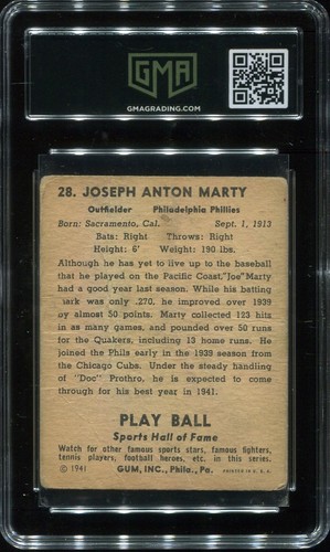 1941 Play Ball R336 #28 Joseph Marty Philadelphia Phillies - GMA 1 Fair - Picture 2 of 2