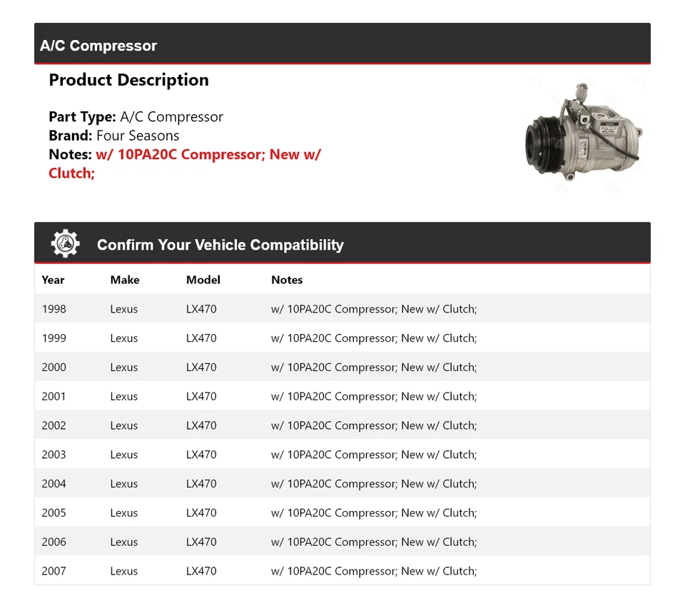Compresor de aire acondicionado para Lexus LX470 1998-2007 4 estaciones 1999 2000 2001 2002 2003 2004 Foto 2 de 4