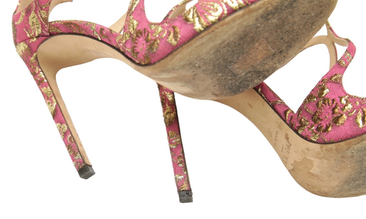 JIMMY CHOO Heels Sandals Brocade Pink Gold Metallic LANCER Leather