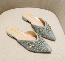 Sequins Women's Rhinestones Slippers BlingBling Mules Pointed Toe Shoes Fashion