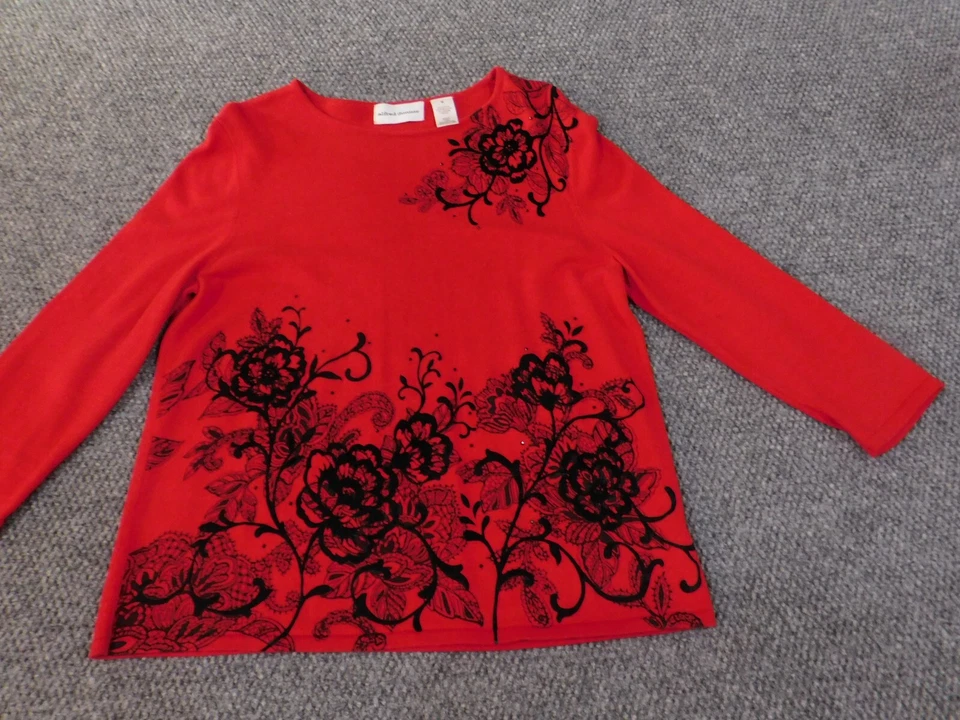 Alfred Dunner Sweater Medium red pullover floral womens cotton viscose knit - Изображение 2 из 4