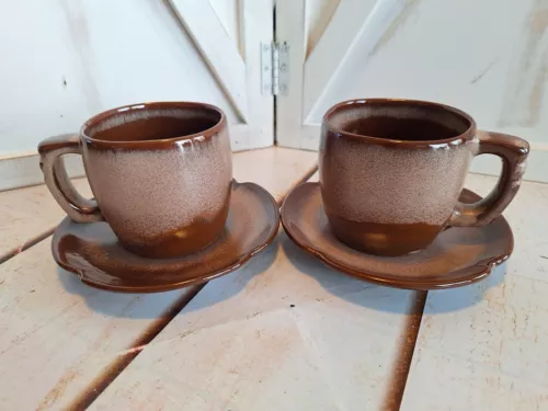  4 Pc Set Vintage Frankoma Coffee Mugs 5C and Saucers Plainsman Brown Two-Tone
