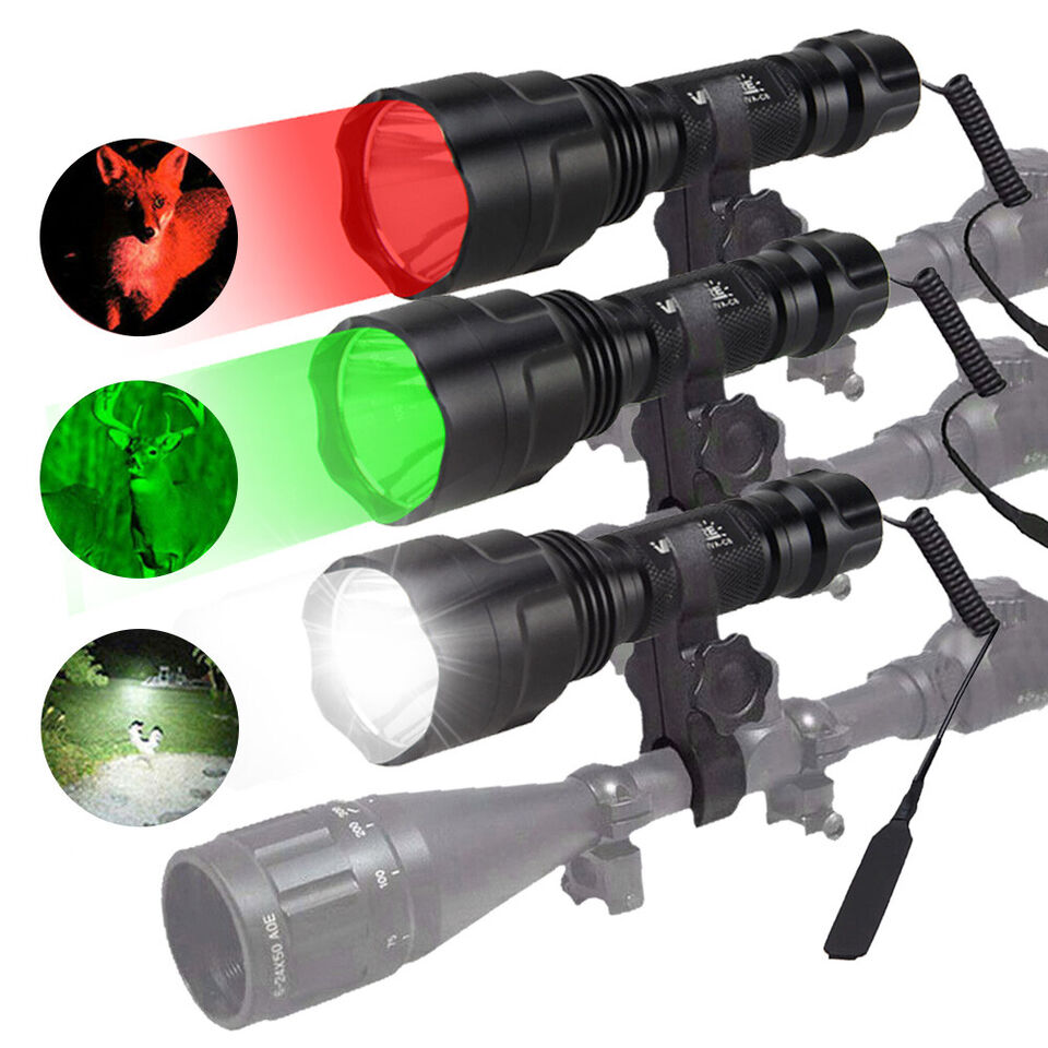 800Yards Green Red White LED Flashlight Predator Hunting Light Weapon Gun Mount