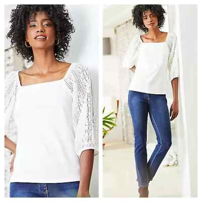 Kaleidoscope Size 18 Ivory Textured Jersey Lace Sleeve Summer TOP Holiday Casual