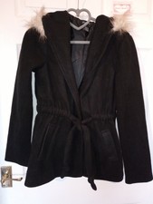 New Ladies Fur Hooded Black Jacket Winter Coat Size Small - Large