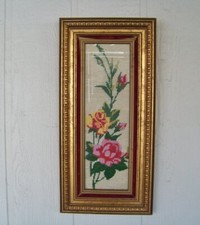 PHOTO VINTAGE ENCADRÉE EN VERRE À AIGUILLE ROSE ROUGE ROSE JAUNE FLORAL 22 X 10 3/4