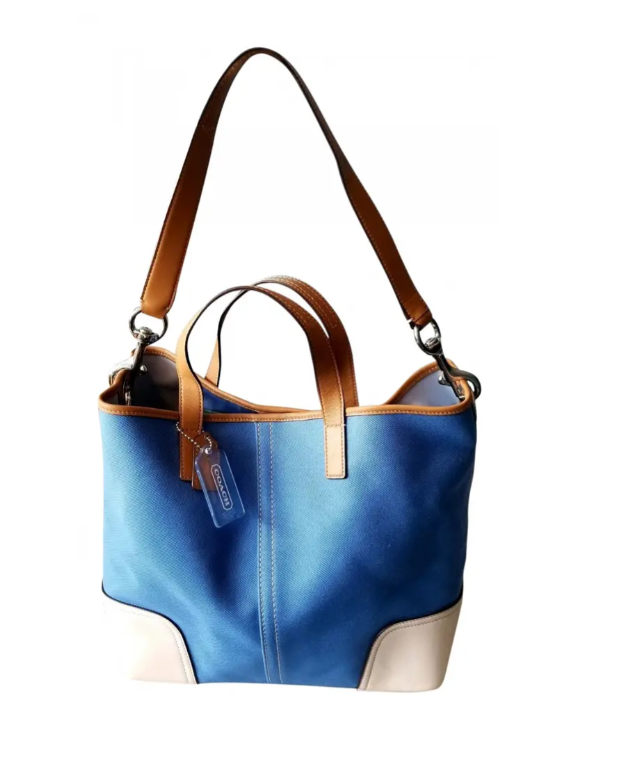 Coach Blue & White Color Block Canvas w/White Leather Trim Tote