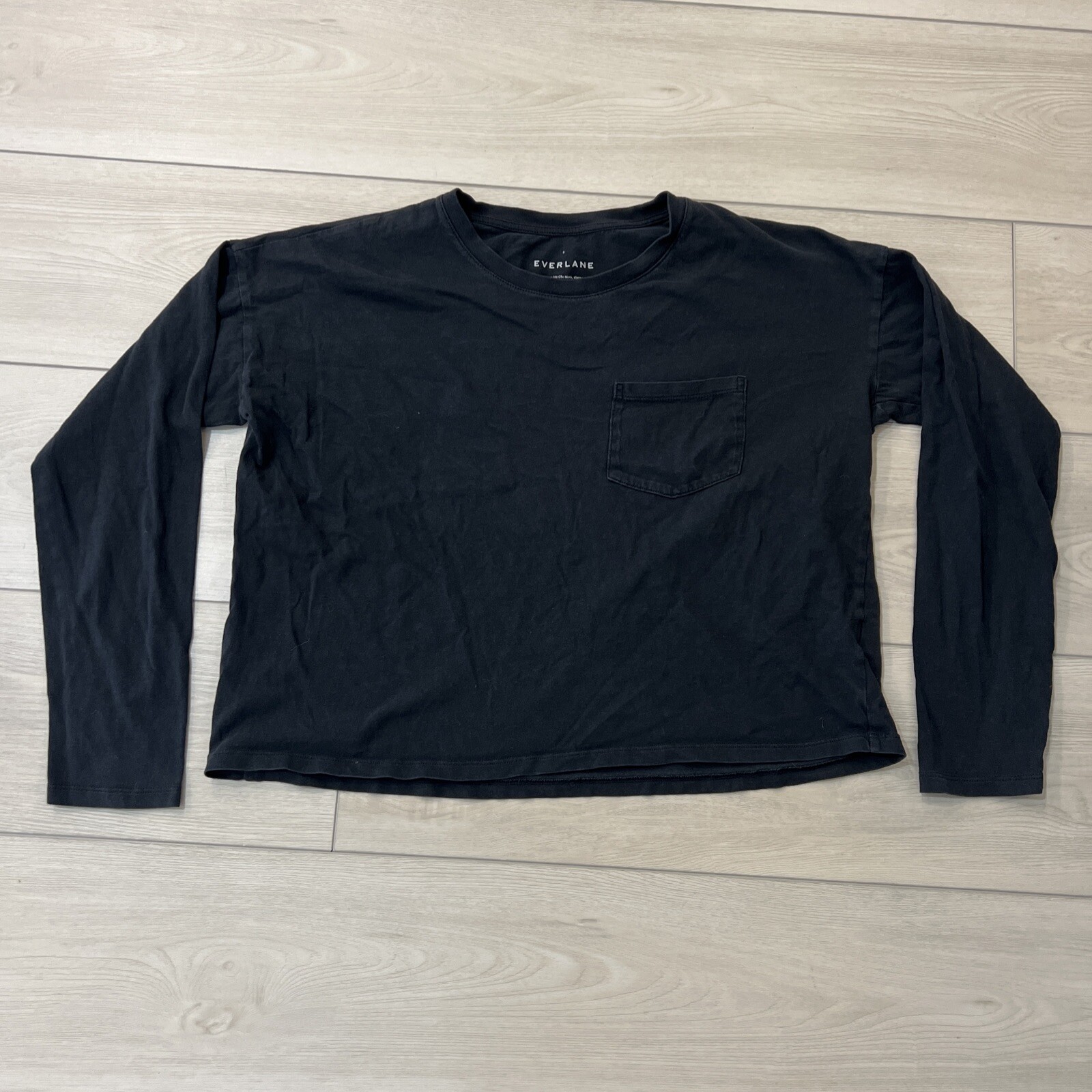 Everlane Women's Black Cotton Crew Top Cropped Long Sleeve Pocket