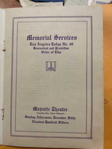 1915 BPOE Elks Memorial Service Los Angeles CA Lodge NO 99 Program Officers List - Picture 2 of 6