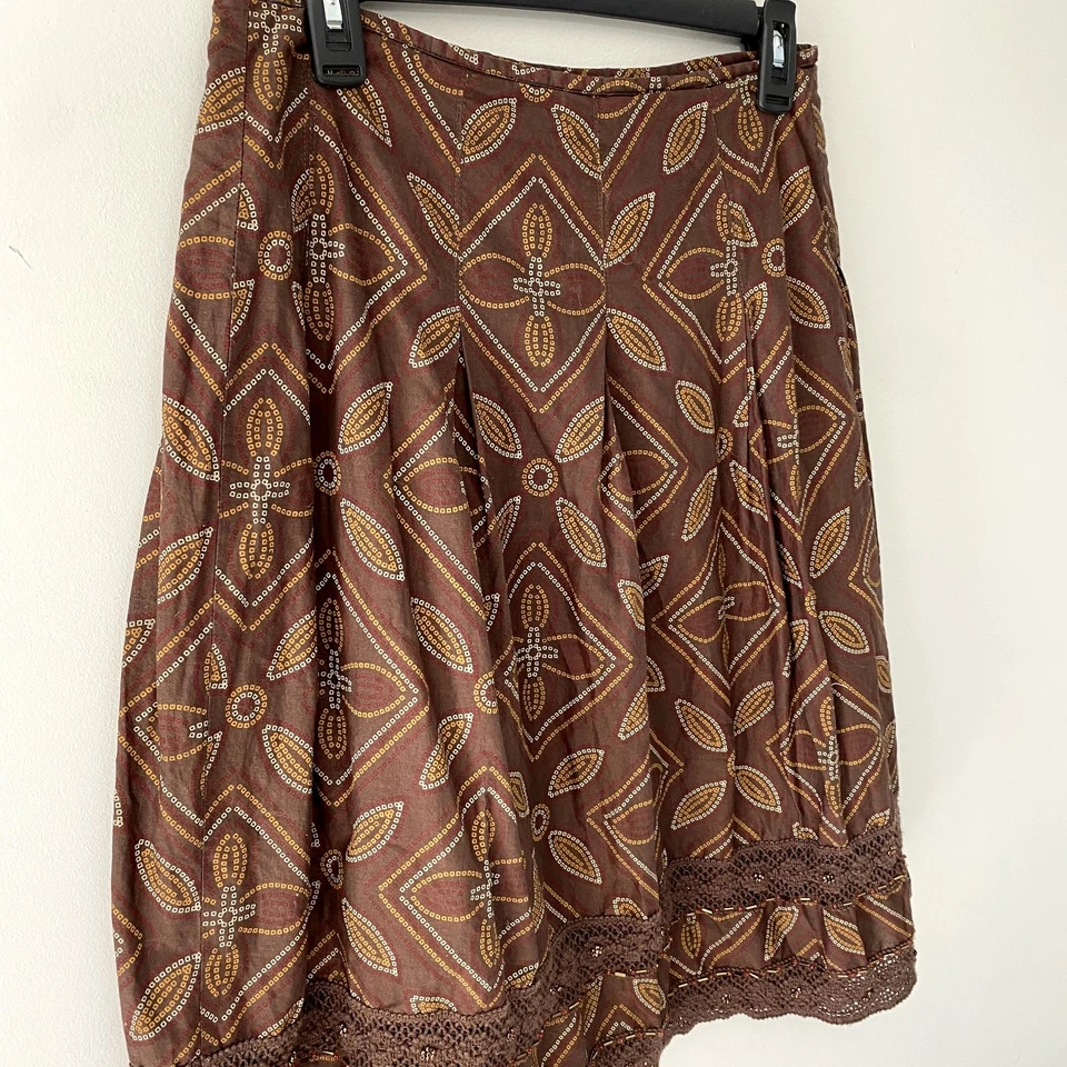Vintage Apt 9women's Brown Boho Patterned Bead Hem Crochet Lace Aline Skirt 6 - Image 4 of 4