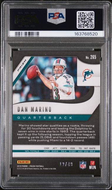 2019 Prizm Dan Marino #265 Purple Power /49 PSA 10 view 2