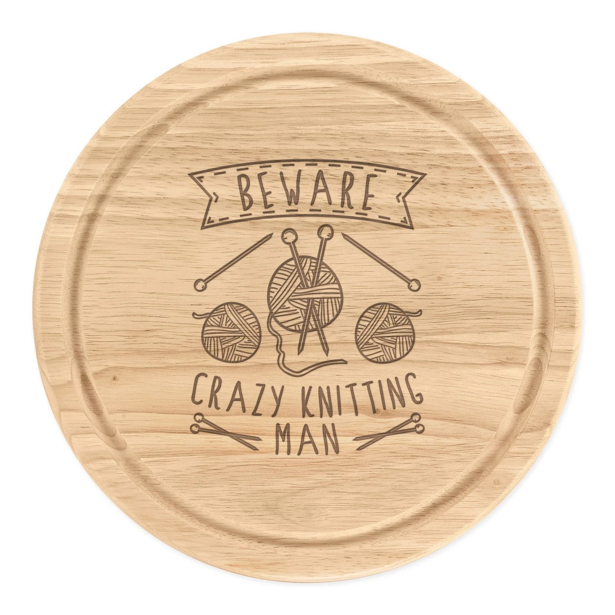 Beware Crazy Knitting Man Round Chopping Cheese Board Dad Fathers Day Funny
