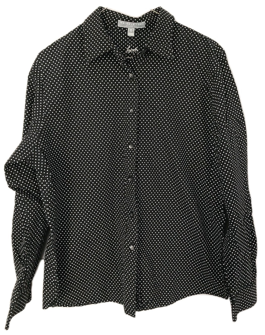 Foxcroft Shirt Women 16 Black Polka Dot Wrinkle Free Button Up Long Sleeve EUC