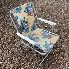 Vintage Retro Folding Garden Outdoor Deck Chair Cream/Blue/Pink Floral Flowers