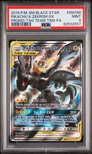 2019 POKEMON SM TAG TEAM TINS PROMO #SM168 FULL ART/ PIKACHU & ZEKROM GX PSA 9