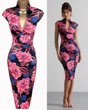 KAREN MILLEN ✩ VINTAGE PINK BLUE & BLACK FLORAL COCKTAIL PENCIL DRESS ✩ UK 8