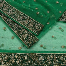 Indian Vintage Heavy Green Dupatta Net Mesh Long Stole Hand Embroidered Veil