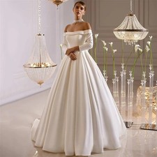 Satin Wedding Dress Boat Neck Long Sleeve Pocket A Line Satin Corset Bridal Gown