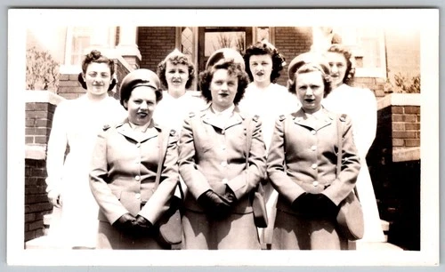 Vtg B&W Snapshot Group Of Women In Military Uniforms And White Dresses Wwii