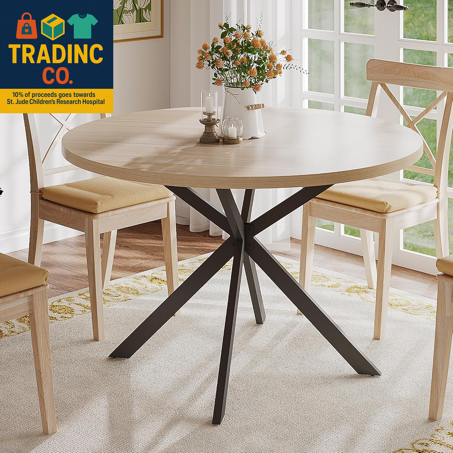 47.2 Inch round Dining Table for 4, Farmhouse Wood Kitchen Table, Circle Dinner