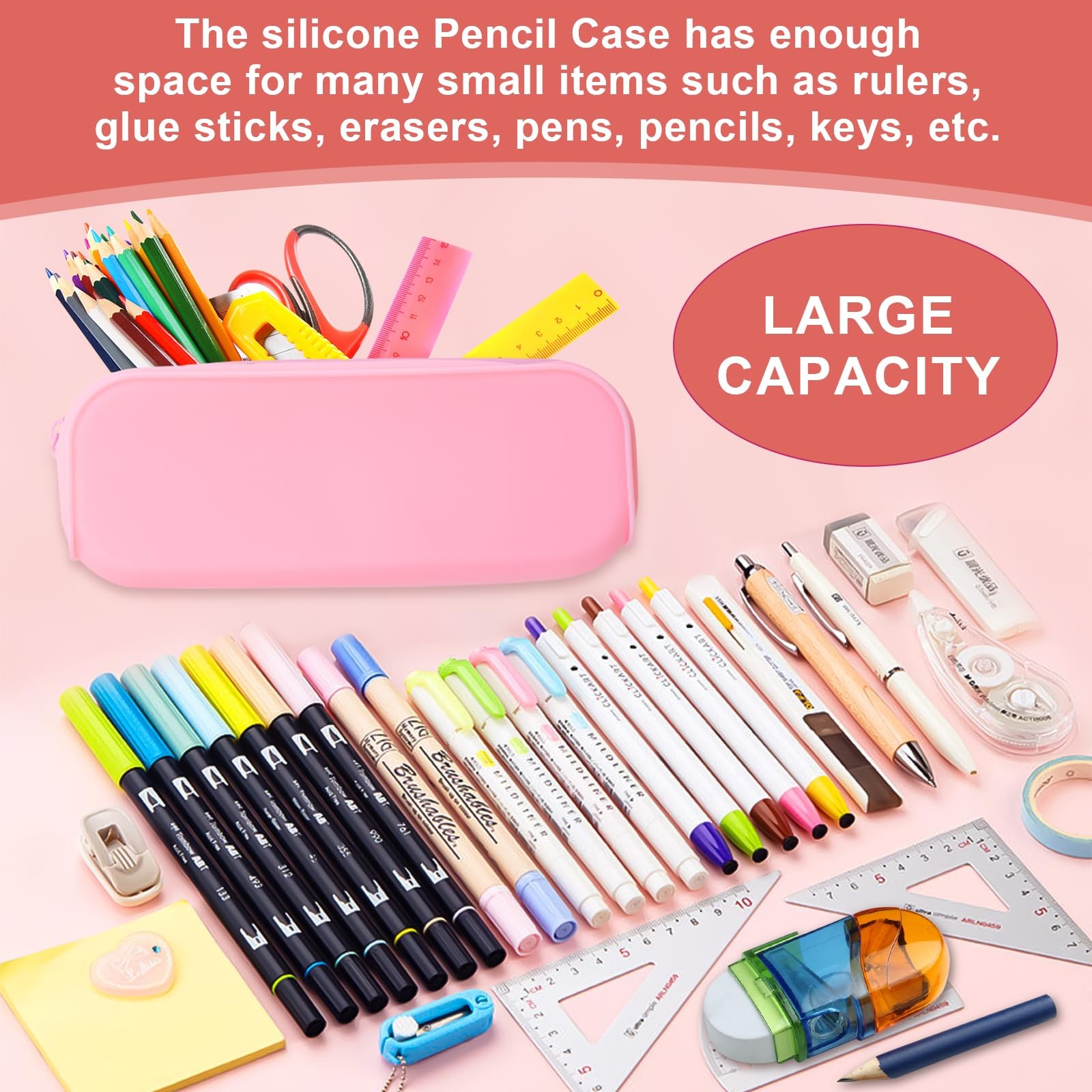 Trousse silicone à grande capacité rose pastel pour stylos de collège