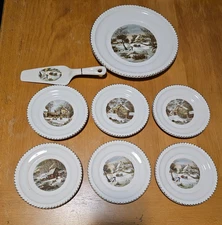 Harkerware Currier & Ives Homestead Plate Cake Server 6 Bread & Butter plates