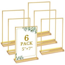 6 Pack 5x7 Inch Clear Acrylic Sign Holders, Double-Sided Gold Display Stand P...