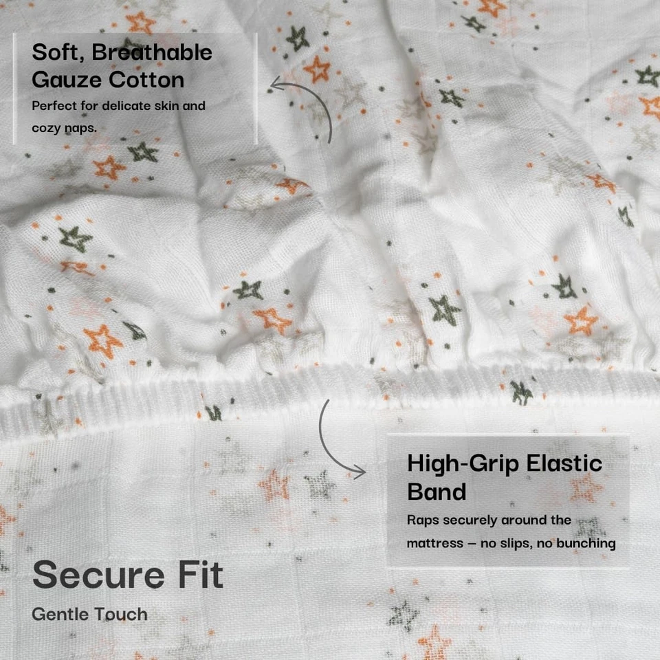 Sábana bajera ajustada estándar de muselina 100 % algodón orgánico, 52"x28", paquete de 2 suaves B... Foto 3 de 4