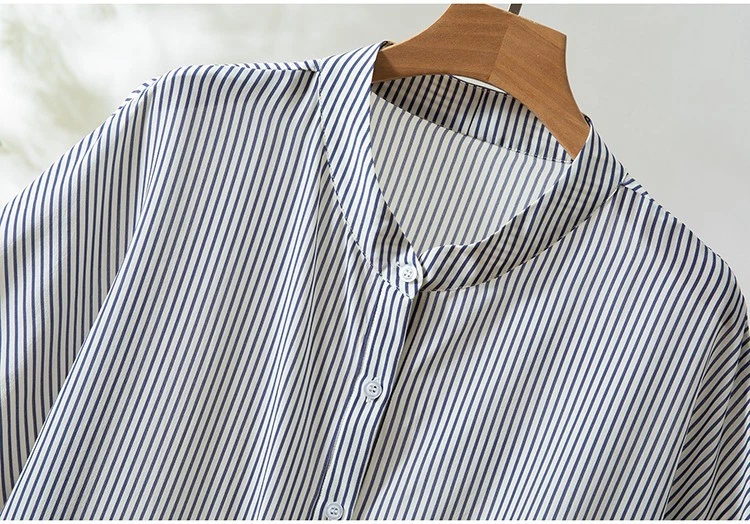 Camisa Blusa Top Mujer 100% Seda Morera Azul Blanco Rayas Media Manga FF033 Foto 3 de 4