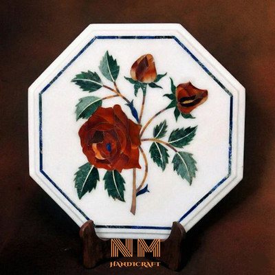 15'' Octagon White Marble Inlay Table Precious Stone Italian Design Furniture Dec