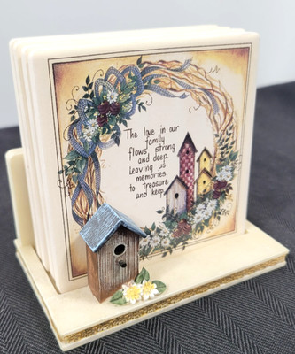 Set Of 4 Birdhouse Ceramic Cork Back Coasters w/ Holder 3D Scene Love of  Family