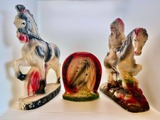 LOT 3 VTG 1940s Carnival Chalkware Figurines Horses, Indian Rider, Horseshoe