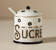 NEW ANTHROPOLOGIE BISTRO TILE MOSAIC SUGAR POT 3 PC. SET FRENCH COLLECTION SUCRE