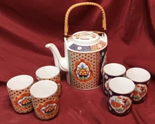 Japanese Imari-Style Porcelain Sake/Tea Set w/ Teapot & 6 Cups