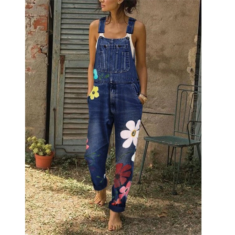 Damen Jeans Jumpsuit Hose Latzhose Latzjeans Blumen Print Overalls - Bild 4 von 4