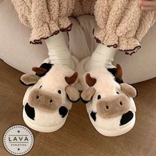 Womens Cute Cow Slippers Indoor Slippers Fluffy Cozy Animal Print Winter Warm