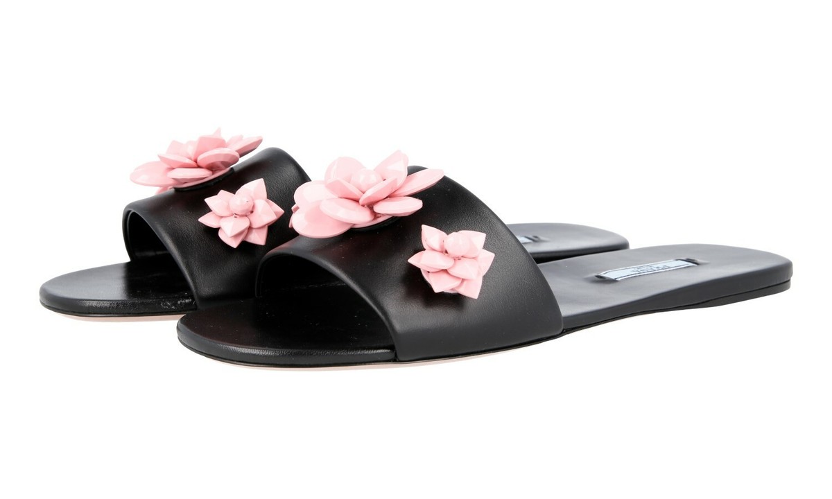 PRADA SLIDES FLAT SANDALS SHOES 1XX322 BLACK PINK FLOWER US 10 EU