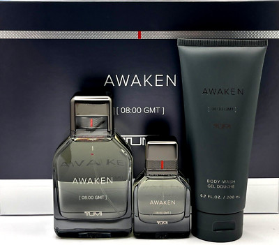 TUMI AWAKEN [08:00 GMT] 3 PCS GIFT SET MEN EDP 3.4 Oz, 1.0 Oz, BODY WASH 6.7 Oz