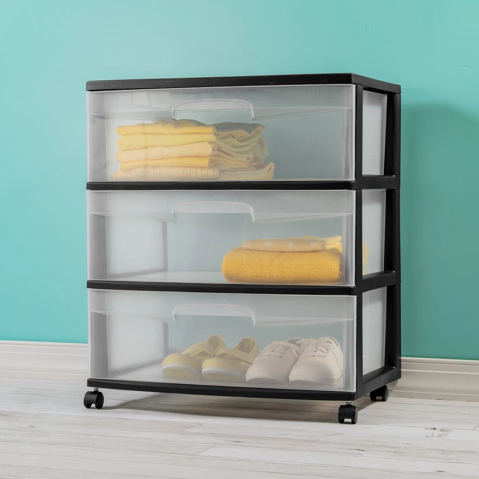 Sterilite Clear Drawers Cart Storage Rolling on Wheel Wide 3-Drawer Cart, Black - Image 4 of 4