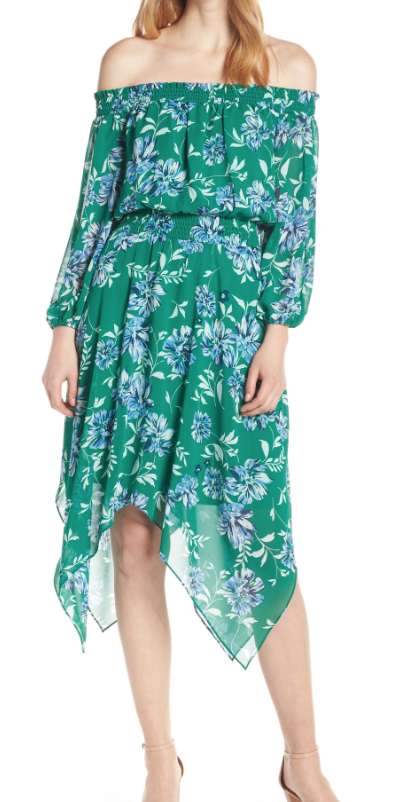 off the shoulder handkerchief dress Black and Beige Off-the-shoulder Neckline Layered Handkerchief Dress
