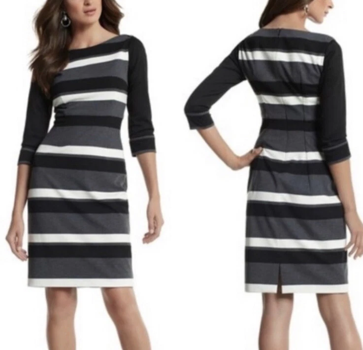 WHBM Black Gray White Striped Sheath Dress 3/4 Sleeves Lined Women’s - Image 2 of 4