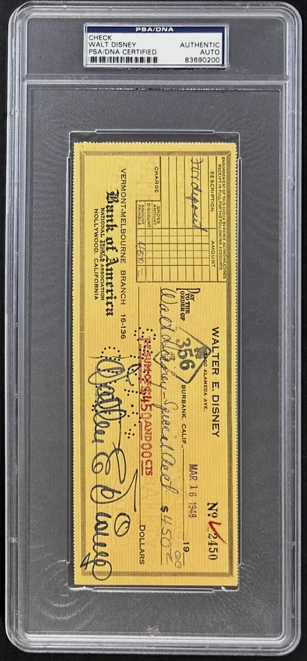 Б/у чек с автографом Уолта Диснея PSA/DNA 83690200 - Изображение 2 из 3