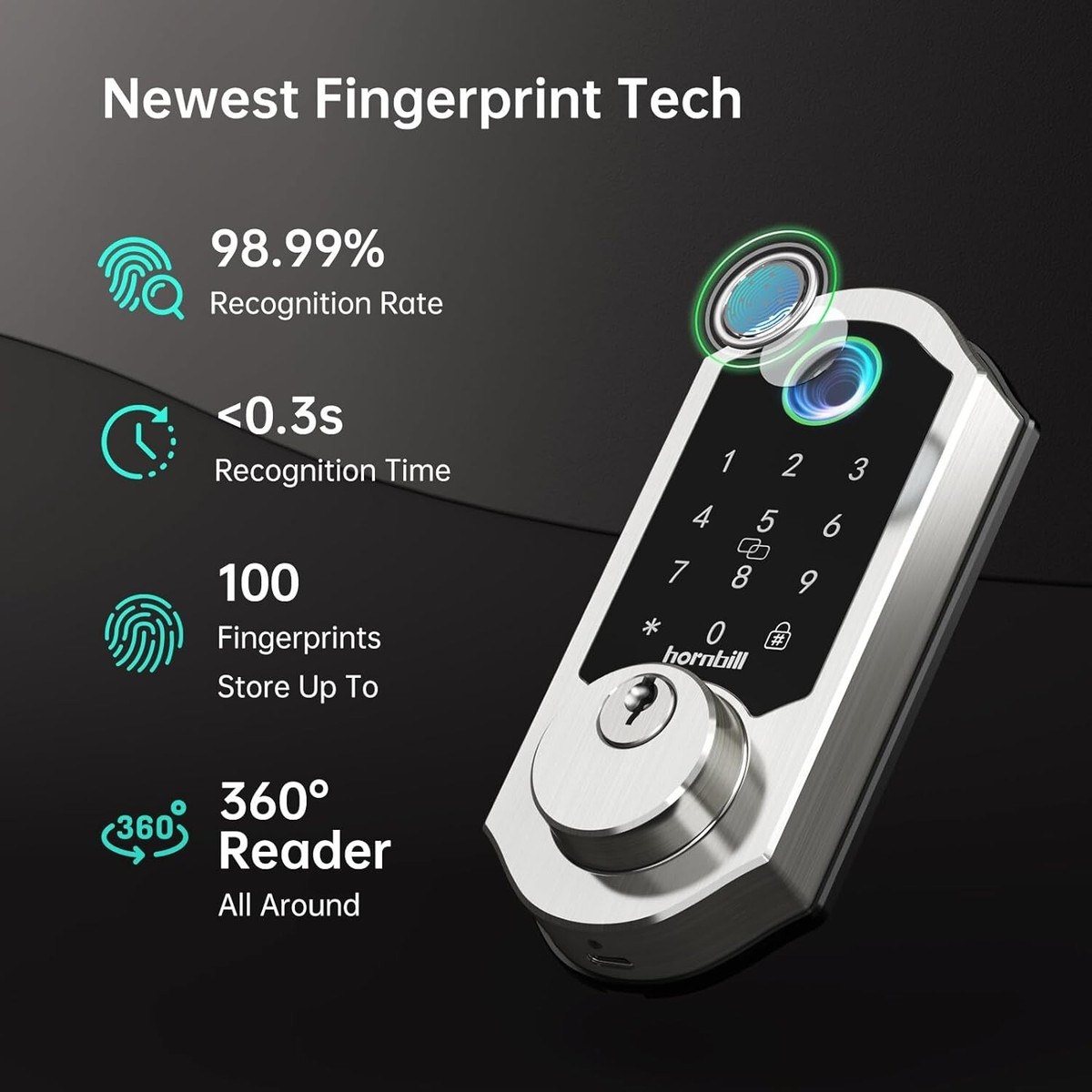 Hornbill Smart WiFi Front Door Lock – Keyless Entry With Fingerprint, App, Keypad, Alexa, Auto Lock, Gateway Included, IP54, Fits Most Standard Doors