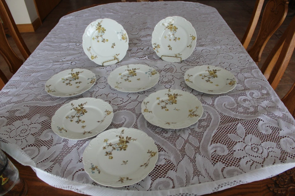 Haviland & Co Schleiger Limoges 8 pratos de salada rosas amarelas e flores azuis - Imagem 2 de 4