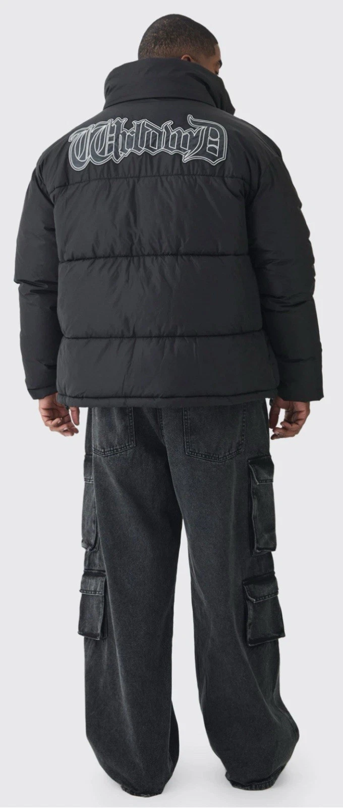 Boohooman WORLDWIDE APPLIQUE FUNNEL NECK PUFFER BLACK MEDIUM NWT
